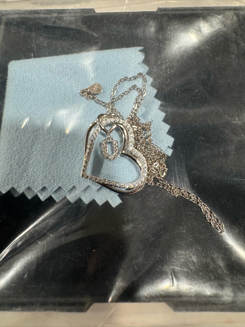 Sterling Silver Heart Pendant Necklace with Crystal Accent initial u